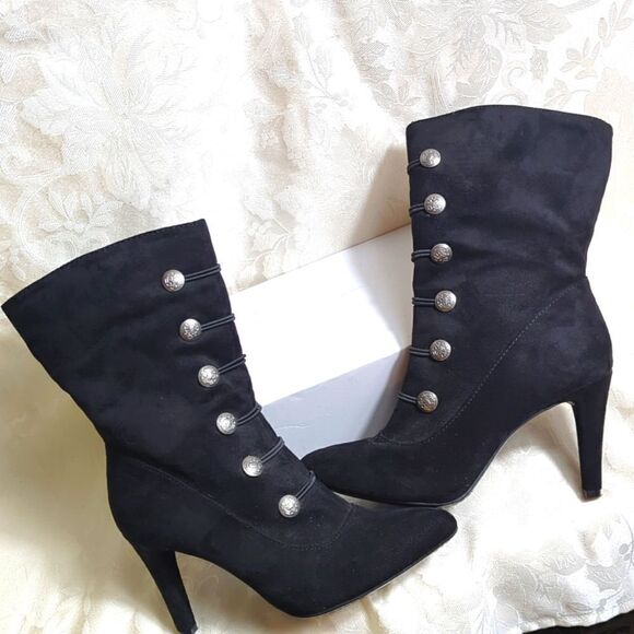Rialto Black Suede Chung Button Marching Style Mid Calf Hi Heeled Boots - Picture 5 of 10